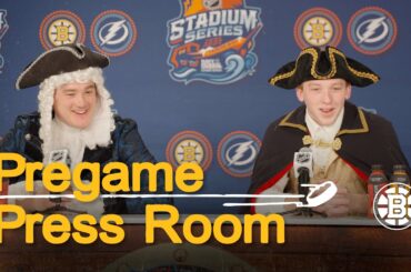 Nikita Zadorov and Mason Lohrei talk about the team's Patriot inspired arrival outfits.