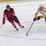 Dougie Hamilton scores a goal against the Nashville Predators