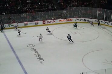 Cleveland Monsters Zach Sawchenko makes great save on 2 on 0 breakaway vs. Laval Rocket's Joshua Roy