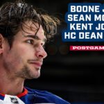 Boone Jenner, Sean Monahan, Kent Johnson and Head Coach Dean Evason |  Postgame Media