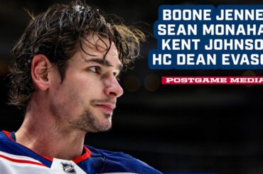 Boone Jenner, Sean Monahan, Kent Johnson and Head Coach Dean Evason |  Postgame Media