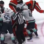 Melanson catches Troy Terry up high right at the 2nd horn, and all hell breaks loose. 😬