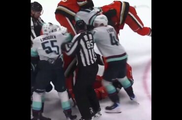 Melanson catches Troy Terry up high right at the 2nd horn, and all hell breaks loose. 😬