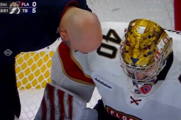 Florida Panthers goalie Daniil Tarasov helped off ice after injury vs. Tampa Bay Lightning