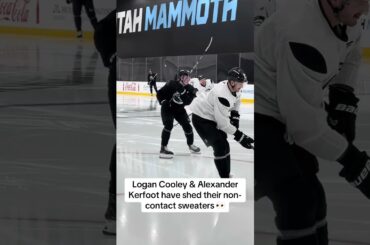 Logan Cooley & Alexander Kerfoot shed non-contact sweaters as Utah Mammoth return to practice.