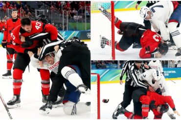 Tom Wilson and Pierre Crinon Fight as Tom Wilson EJECTED from Canada France Olympics Ice Hockey
