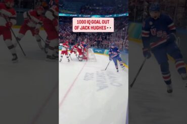 Jack Hughes banks it off the pad on purpose.Elite Hockey IQ. 🧠🏒Train on our YouTube.