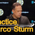 Marco Sturm speaks with media after practice on Saturday