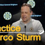 Sturm speaks with the media following practice at Warrior Ice Arena