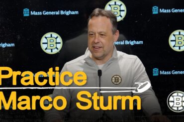 Sturm speaks with the media following practice at Warrior Ice Arena