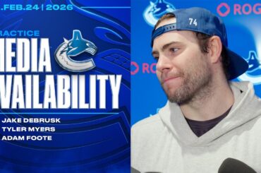 Jake DeBrusk, Tyler Myers & Adam Foote Practice Media Availabilities (Feb 24, 2026)