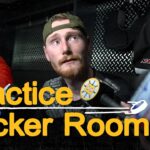 David Pastrnak, Henri Jokiharju, Joonas Korpisalo, and Morgan Geekie talk after practice on Tuesday