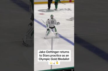 Jake Oettinger returns to Dallas Stars practice as an Olympic Gold Medalist 🇺🇸🥇 #explore #hockey