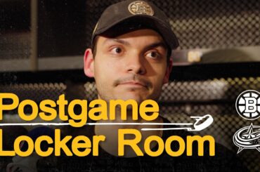 Morgan Geekie, Sean Kuraly, Joonas Korpisalo, and Mike DiPietro talk after the 4-2 W vs. CBJ