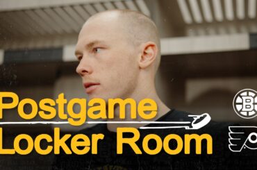 Jeremy Swayman, Mikey Eyssimont, Charlie McAvoy, and Morgan Geekie talk after 3-1 L @ PHI