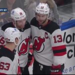 Nico Hischier scores a goal against the St. Louis Blues