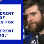 Blues' Alex Pietrangelo talks to the media after Game 3 OT loss