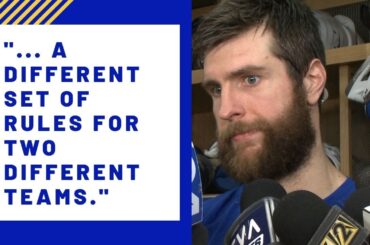 Blues' Alex Pietrangelo talks to the media after Game 3 OT loss
