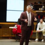 Devils coach Keefe addresses his team after 6-3 win against the Rangers