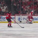 Moritz Seider scores a goal against the New Jersey Devils