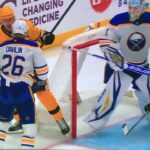 Pens C #71 Evgeni Malkin had enough  of Sabres #26 Dahlin’s cross checks