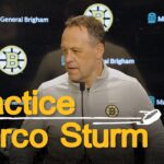 Sturm speaks with the media after practice on Wednesday at Warrior Ice Arena