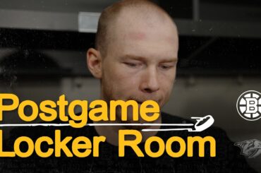 Morgan Geekie and Charlie McAvoy speak to the media following the Bruins 6-3 loss in Nashville.