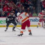 Kevin Bahl scores a goal against the New Jersey Devils