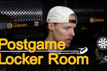 Fraser Minten, H. Lindholm, E. Lindholm and Nikita Zadorov speak after the Bruins 4-2 loss to SJ