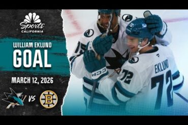 William Eklund goes airborne for wild goal to pad Sharks' lead vs. Bruins | NBC Sports California