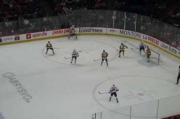 Laval Rocket's Marc Del Gaizo fans on a breakaway vs. the Rochester Americans 3/7/26