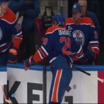 Leon Draisaitl appeared to be injured after taking a hard hit early in the 1. period from Wiesblatt