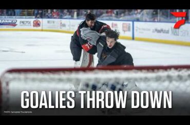 Goalie Loses His Jersey In Heated Goalie Fight In AHL As Will Cranley And Louis Domingue Square Off