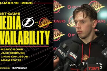 Rossi, DeBrusk, Karlsson & Adam Foote Post-Game Media | Canucks vs. Lightning (Mar 19, 2026)