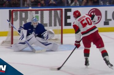 Hurricanes' Eric Robinson Rips A Penalty Shot Goal vs. Maple Leafs