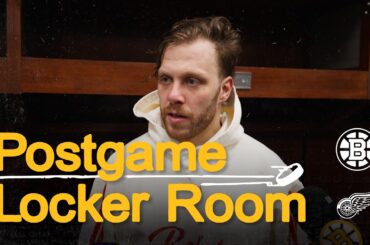 Pastrnak, Zadorov, and Elias Lindholm speak with media after 4-2 win over Wings in Detroit
