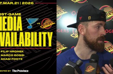 Filip Hronek, Marco Rossi & Adam Foote Post-Game Media | Canucks vs. Blues (Mar 21, 2026)