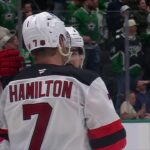 Dougie Hamilton scores a goal against the Dallas Stars