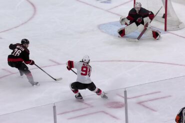 Timo Meier scores a goal against the Carolina Hurricanes