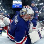 Team USA Jeremy Swayman allows long distance goal vs Denmark Winter Olympics 2026