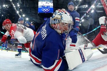 Team USA Jeremy Swayman allows long distance goal vs Denmark Winter Olympics 2026