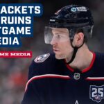 Charlie Coyle, Boone Jenner, Cole Sillinger and Head Coach Rick Bowness | Postgame Media