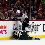 Haula slow to leave the ice after getting dropped into the boards by Upshall