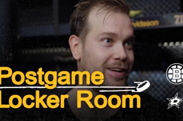 Arvidsson, Jokiharju, Korpisalo, and E. Lindholm speak with the media following 6-3 W vs DAL