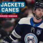 Zach Werenski, Adam Fantilli, Kirill Marchenko and Head Coach Rick Bowness | Postgame Media