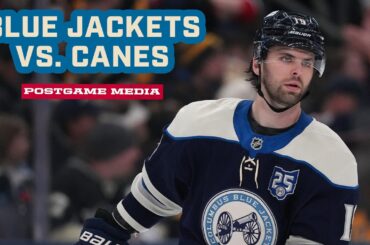 Zach Werenski, Adam Fantilli, Kirill Marchenko and Head Coach Rick Bowness | Postgame Media