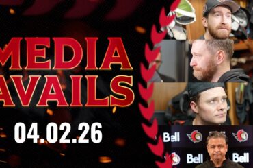 Claude Giroux, Tim Stützle, Cameron Crotty, Travis Green Pregame Media vs BUF