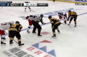 Brad Marchand breaks Cam Atkinson's stick with skate stomp