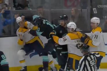 Matty Beniers DROPS GLOVE with Justin Barron