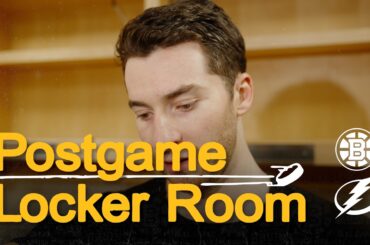 Jordan Harris, Jeremy Swayman, and Casey Mittelstadt talk after 3-1 L @ TBL